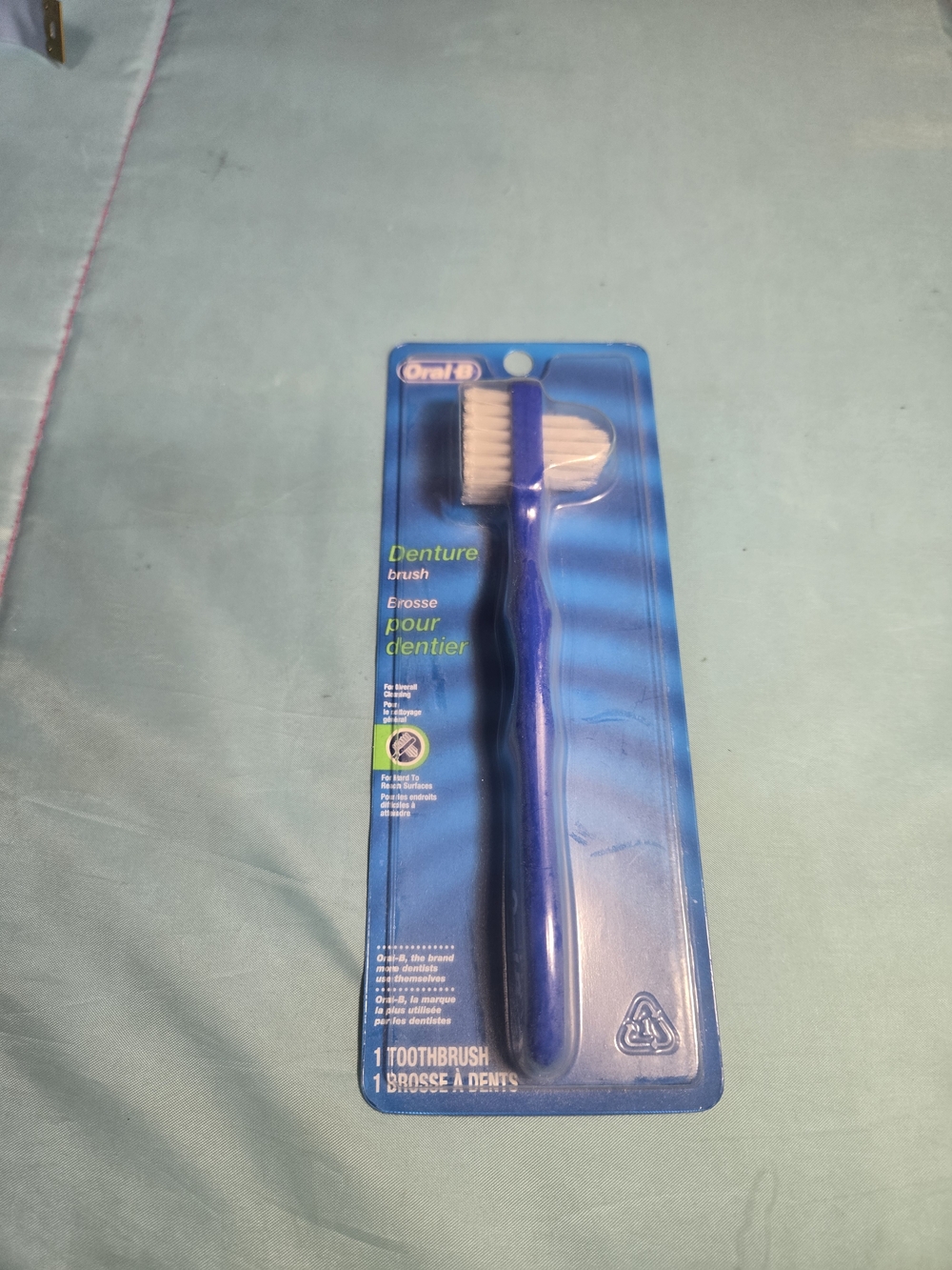 Oral B Denture Brush Stain Remover Dual Head Easy Grip Handle Blue Color 1 Ct